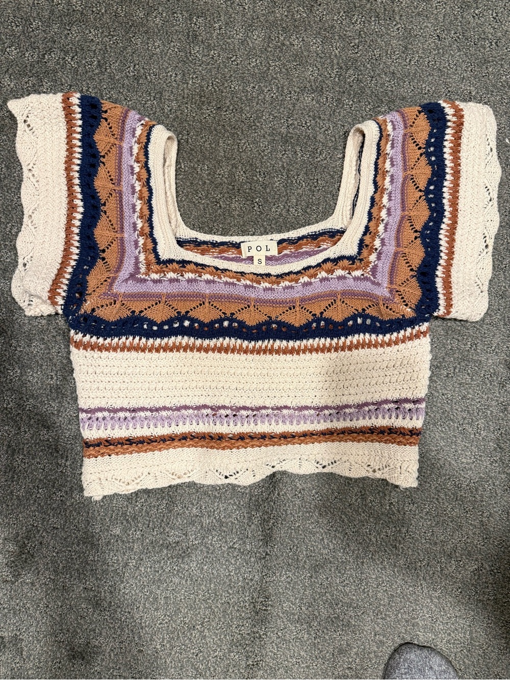 POL Cropped Knit Square-Neck Top in Cream with Navy, Lilac & Tan Stripes